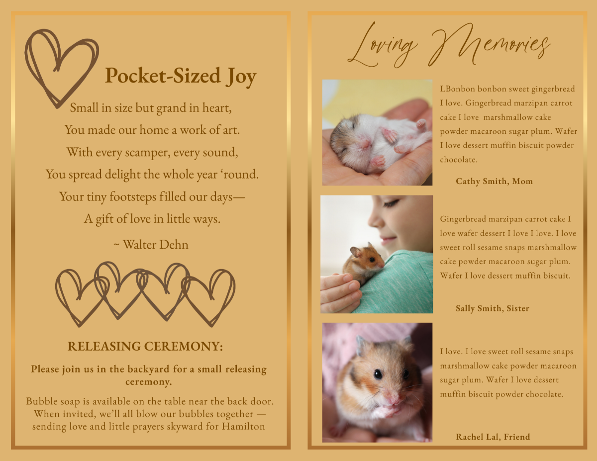 Gentle Legacy memorial poem and loving memories pages featuring heartfelt family messages, treasured photographs, personal reflections, remembrance notes, and meaningful tributes honoring a beloved hamster or small pet.