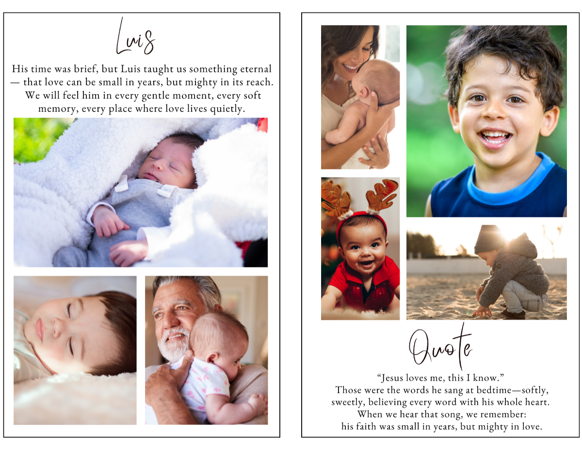 Sweetly Simple photo collage and tribute page featuring cherished childhood photographs, family moments, meaningful memories, inspirational quotes, and loving reflections celebrating a precious young life.