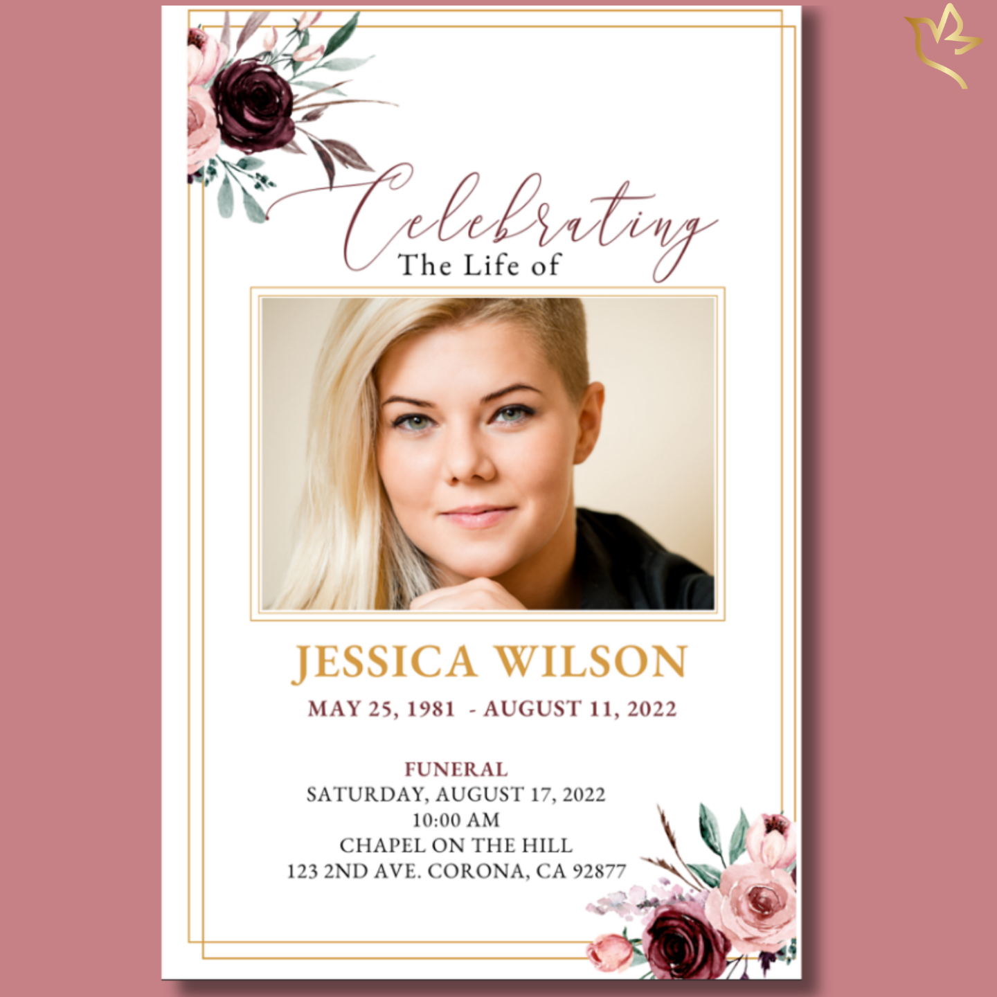 Ivory Roses Funeral Program Canva Template – front and inside view of celebration of life design with red and blush roses, printable memorial