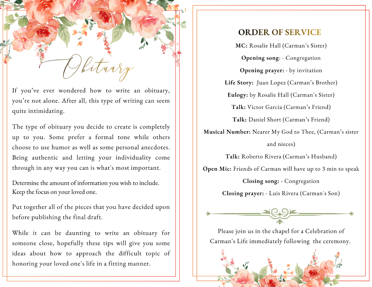 Obituary and order-of-service spread with white background, floral corners, structured service listing, and gentle serif text for easy reading.