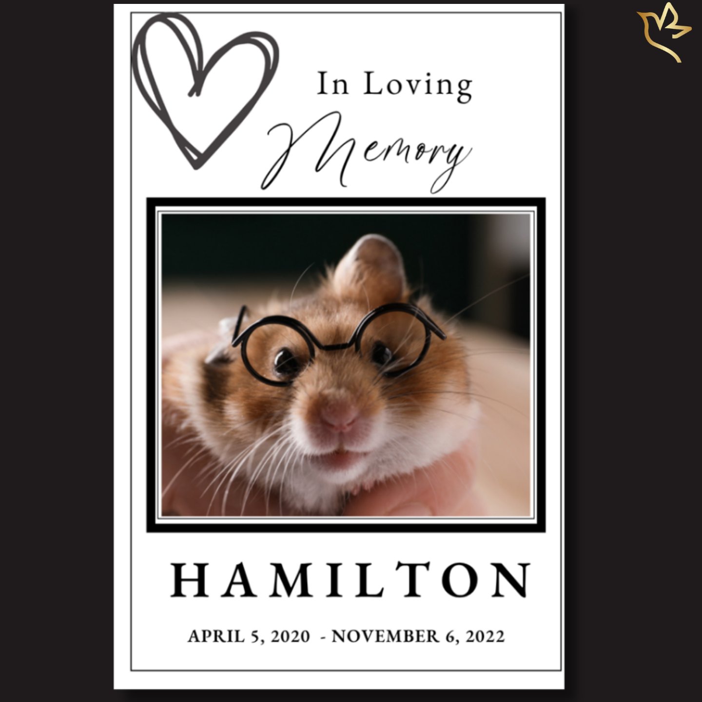 Simply Loved pet funeral program template featuring a clean black-and-white memorial design, hand-drawn heart accents, framed pet portrait layout, elegant typography, and timeless styling suitable for honoring dogs, cats, rabbits, hamsters, birds, reptiles, horses, and other beloved pets.