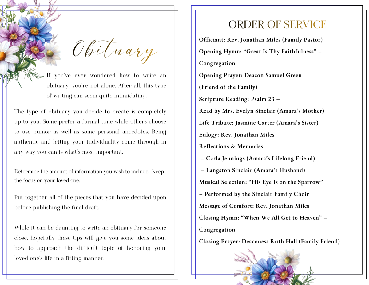 Obituary and Order of Service pages featuring structured sections, elegant script headings, and soft daisy floral accents framing the memorial text.