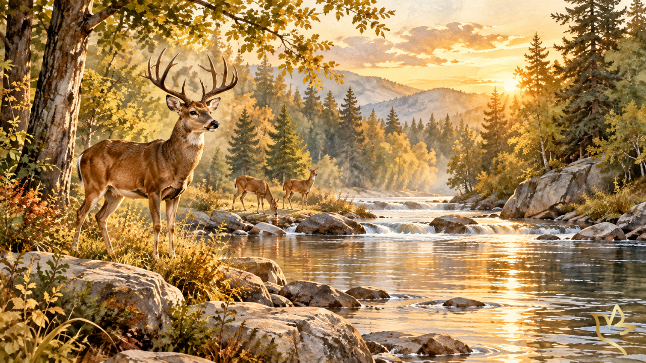 Where He Found His Peace outdoor funeral program template with deer, river, mountains, and warm woodland colors.