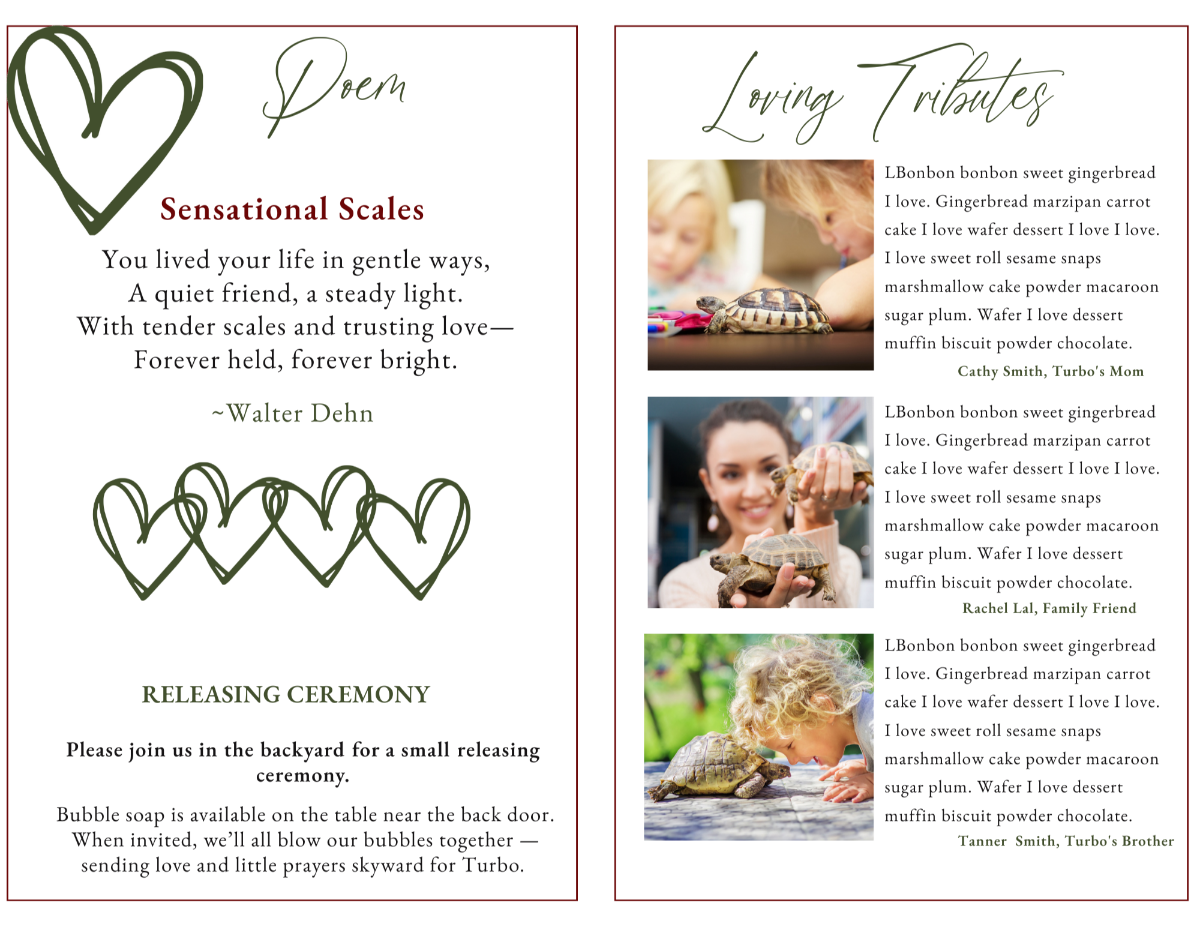 Poem and tribute pages featuring turtle and reptile photos in warm, natural colors.