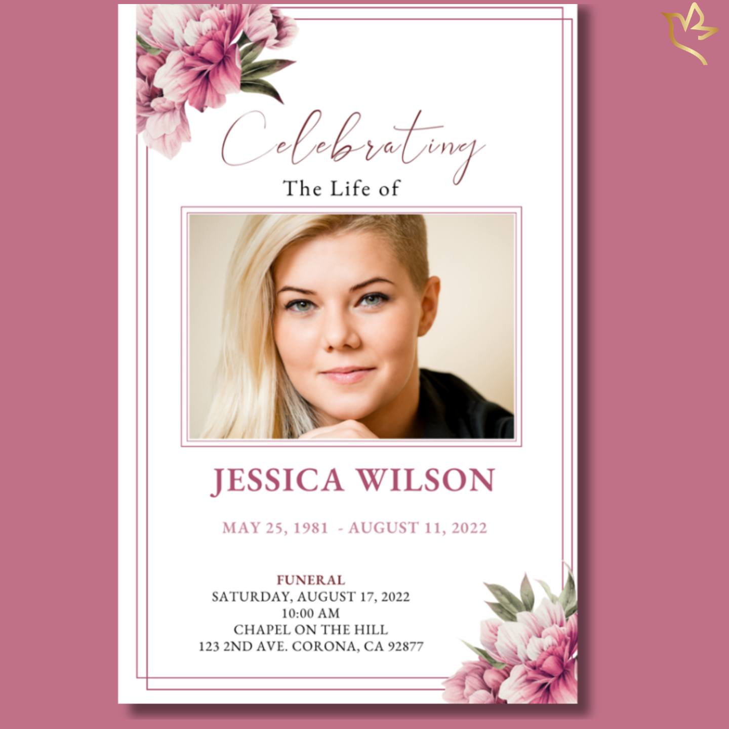 Front cover of Pretty Peonies Funeral Program Template featuring soft pink peonies, elegant borders, and a portrait space.