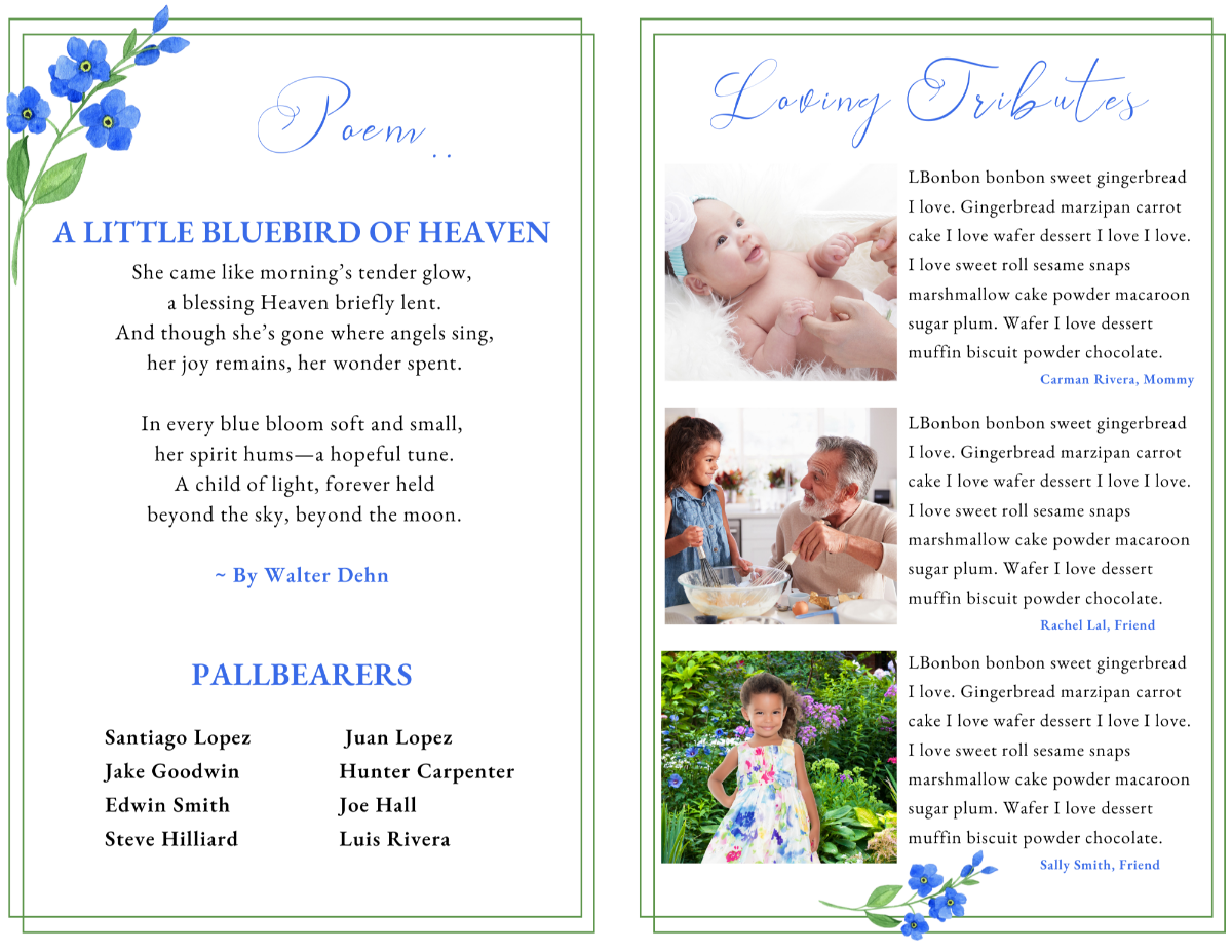 Poem and Loving Tributes layout with watercolor Forget Me Nots and photos of family moments, ideal for a child’s memorial service.
