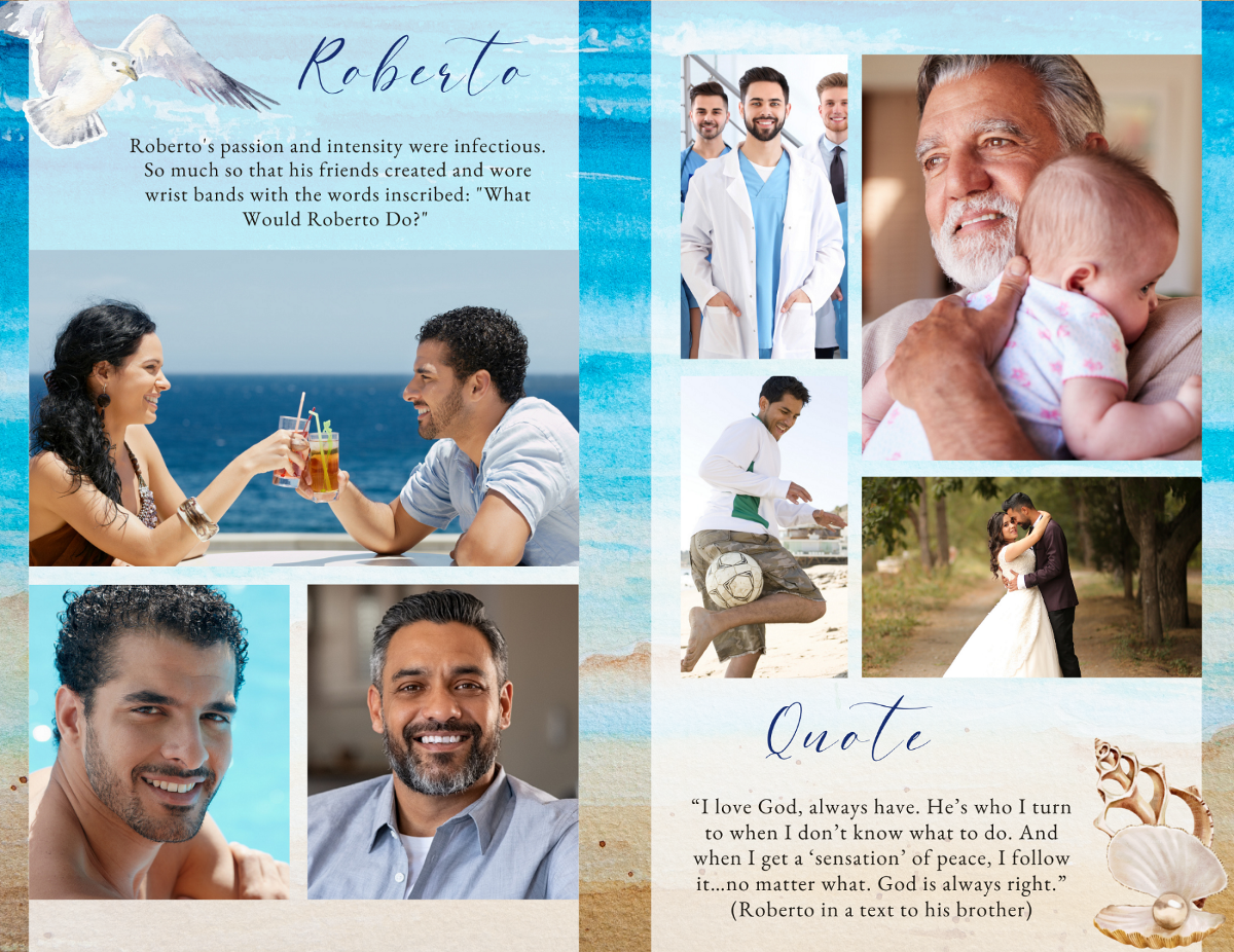 Photo collage tribute spread featuring family portraits and life moments arranged in clean layouts with subtle seashell accents and soft beach tones.