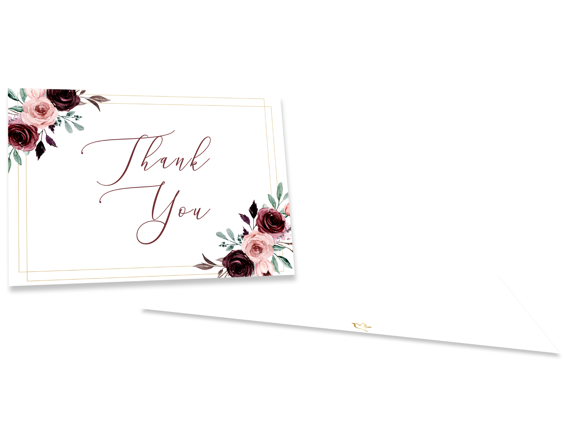 Restful Roses funeral thank you card template featuring elegant ivory and burgundy roses, delicate gold border accents, soft floral watercolor artwork, and graceful script typography on a folded 3.5 x 5 memorial thank you card design editable in Canva.
