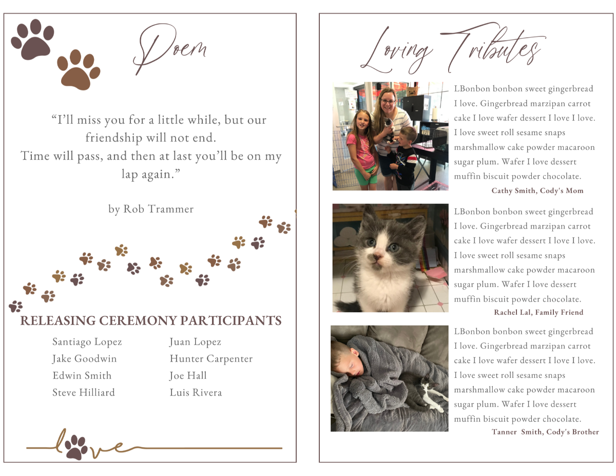 Interior spread showing photos of beloved cat and written tribute from pet’s family.