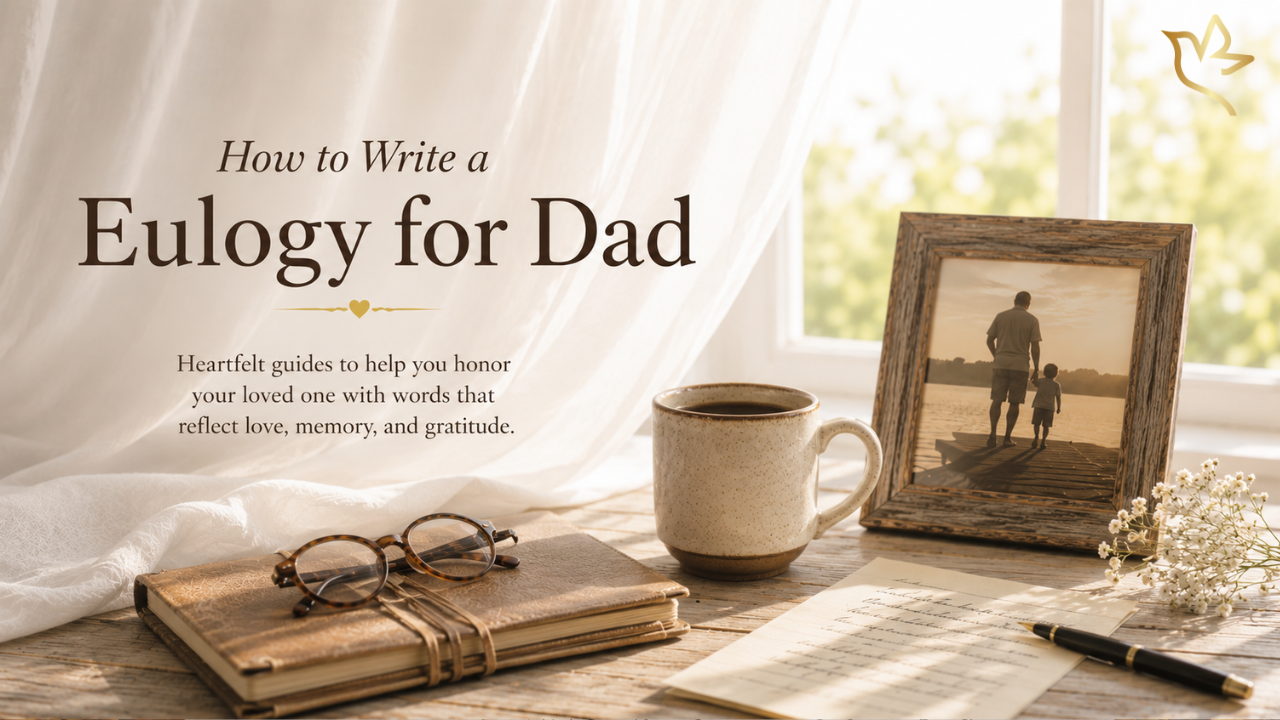 Soft morning light filters through white curtains onto a rustic desk with a journal, coffee mug, glasses, handwritten letter, and framed father-and-child photograph beside the title "How to Write a Eulogy for Dad."