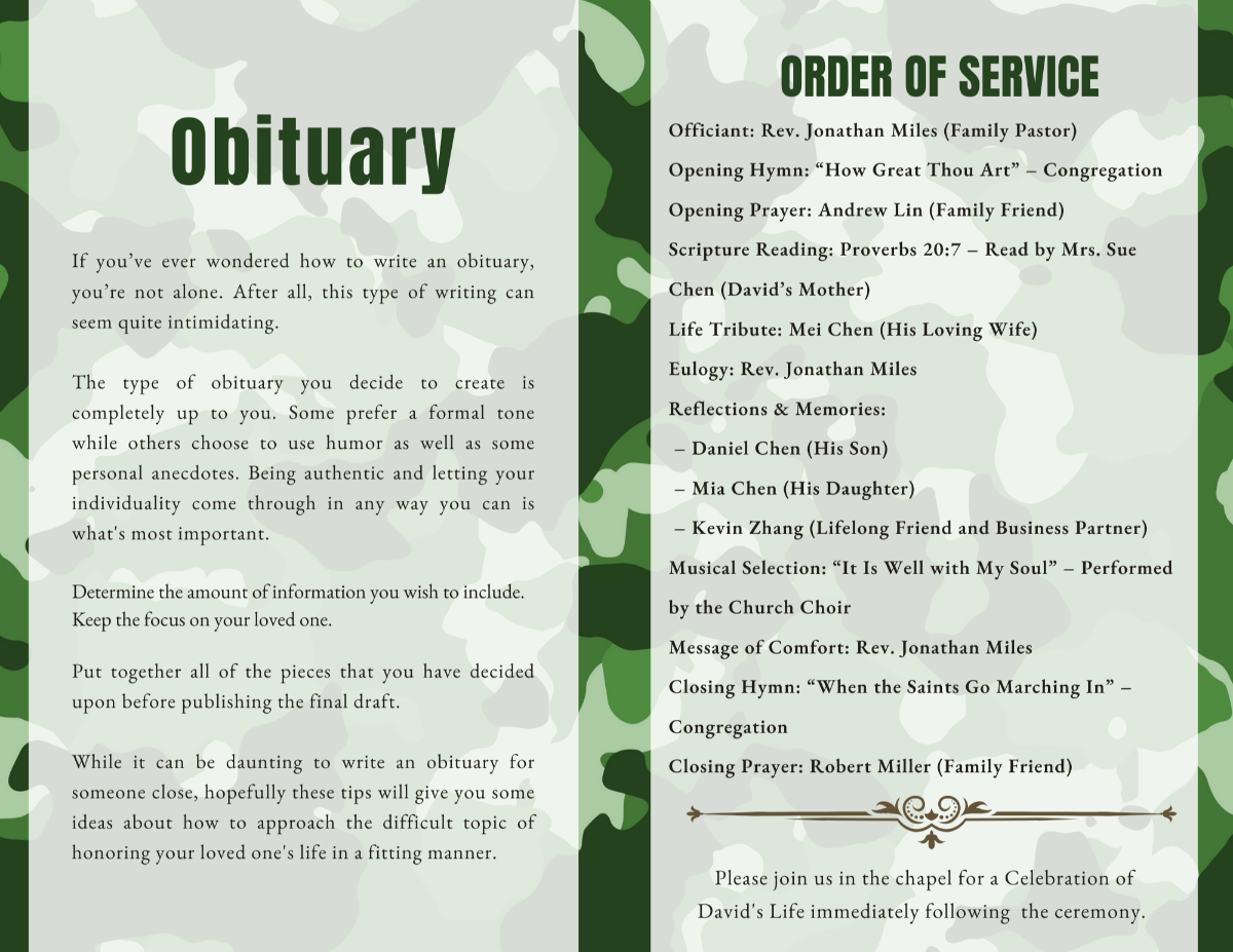 Obituary and order of service layout in soft green tones with military-inspired details.