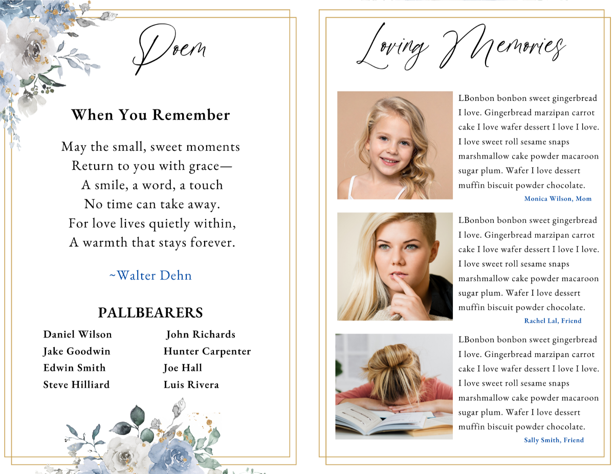 Interior spread from Faith and Hope funeral program showing poems and tributes surrounded by watercolor florals.
