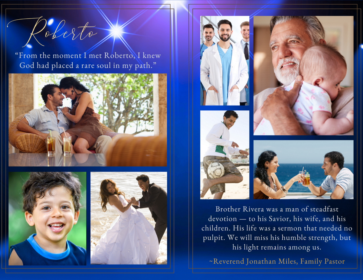 Interior memorial collage layout featuring multiple family photos, heartfelt tribute text, and elegant sapphire-blue background with gold-lined framing and soft radiant light above.