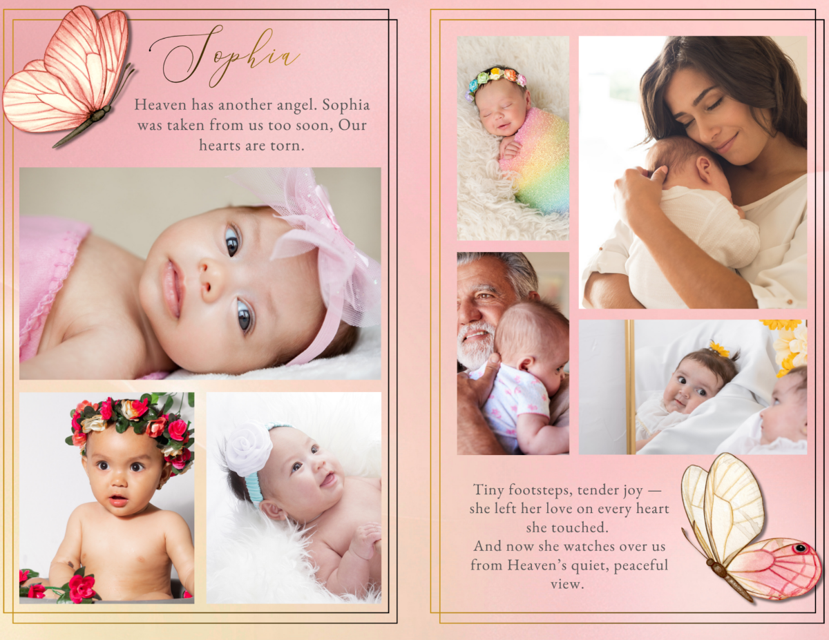 Photo collage and remembrance pages celebrating tender family moments, loving embraces, cherished childhood memories, and the beautiful light a deeply loved child brought into the lives around her.