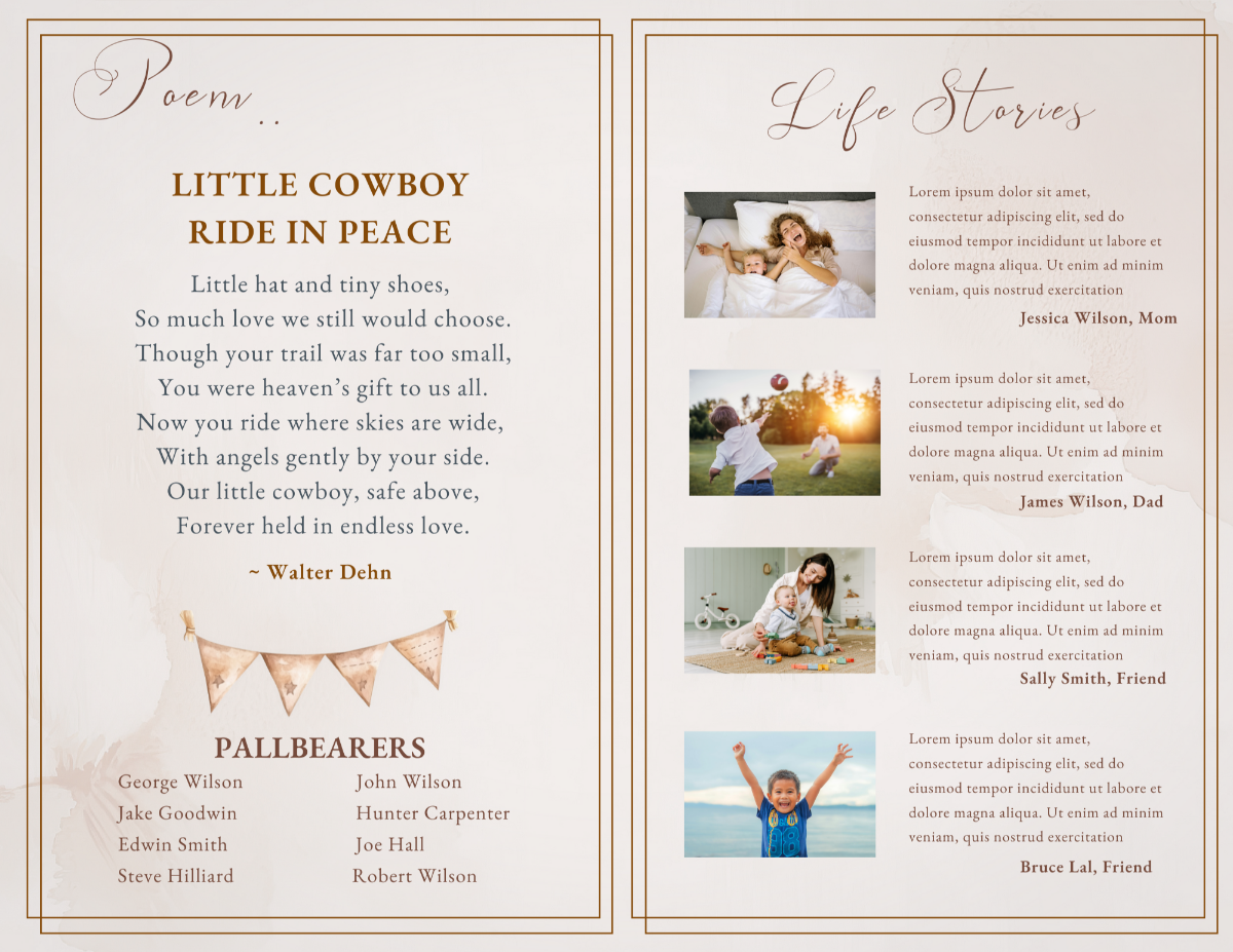 Poem and pallbearers page displaying the “Little Cowboy Ride in Peace” poem above a small Western banner accent, with pallbearer names listed below on a soft ivory background.