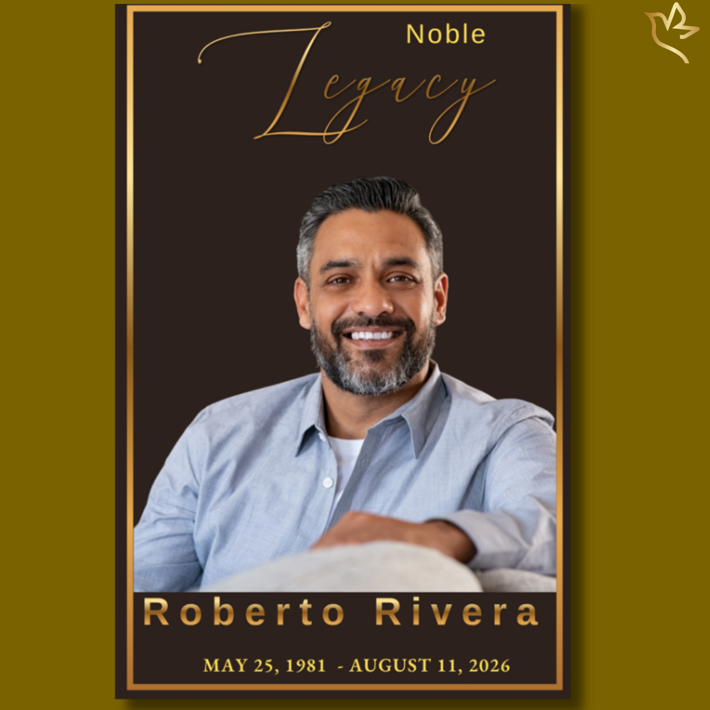 Elegant men's funeral program featuring a rich espresso-brown background, warm gold typography, and a distinguished portrait layout designed to honor a life of strength, character, faith, and enduring legacy.