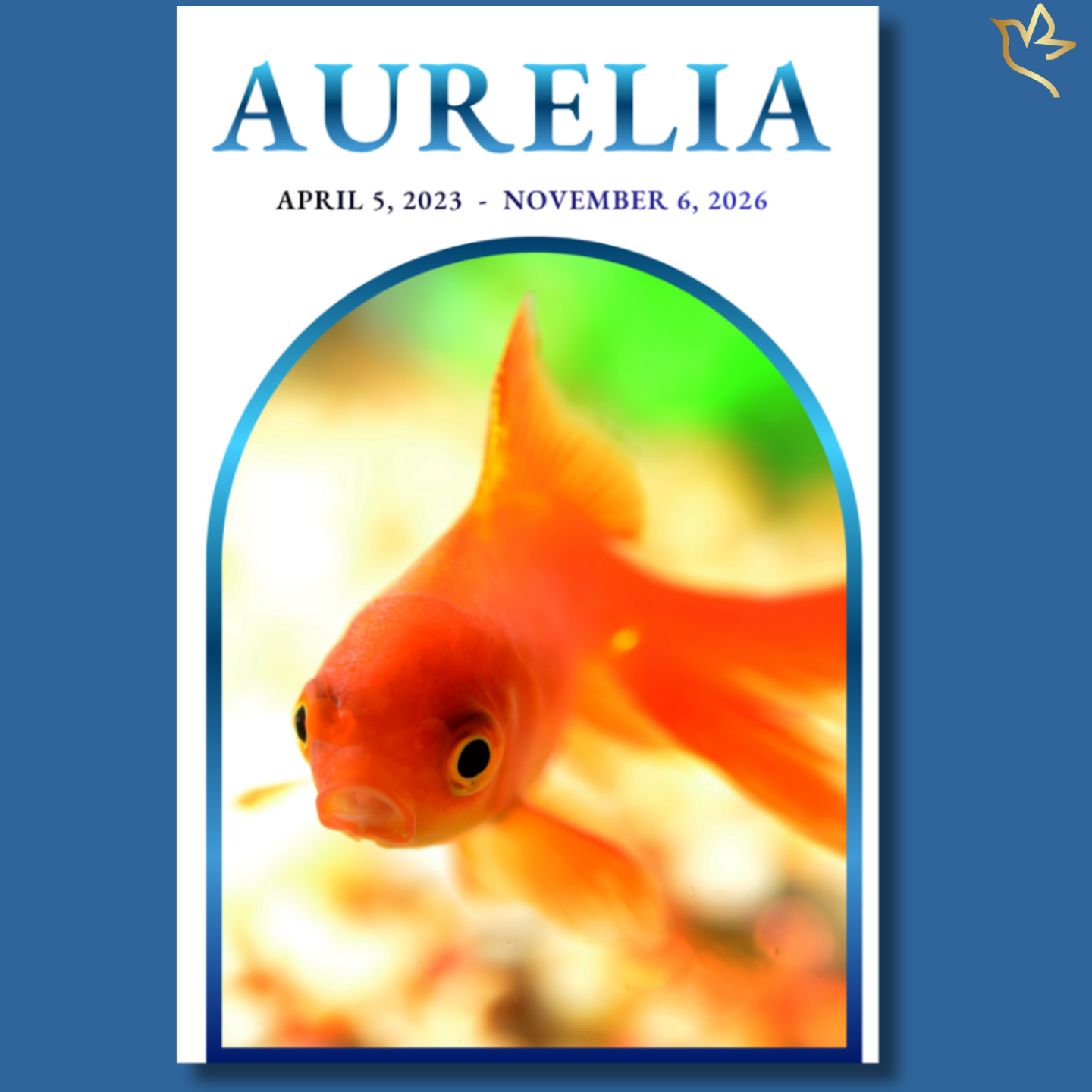 Beautiful pet fish memorial program cover featuring a vibrant orange goldfish surrounded by soft aquatic tones, elegant blue accents, and a peaceful remembrance design created to honor a deeply loved aquatic companion.