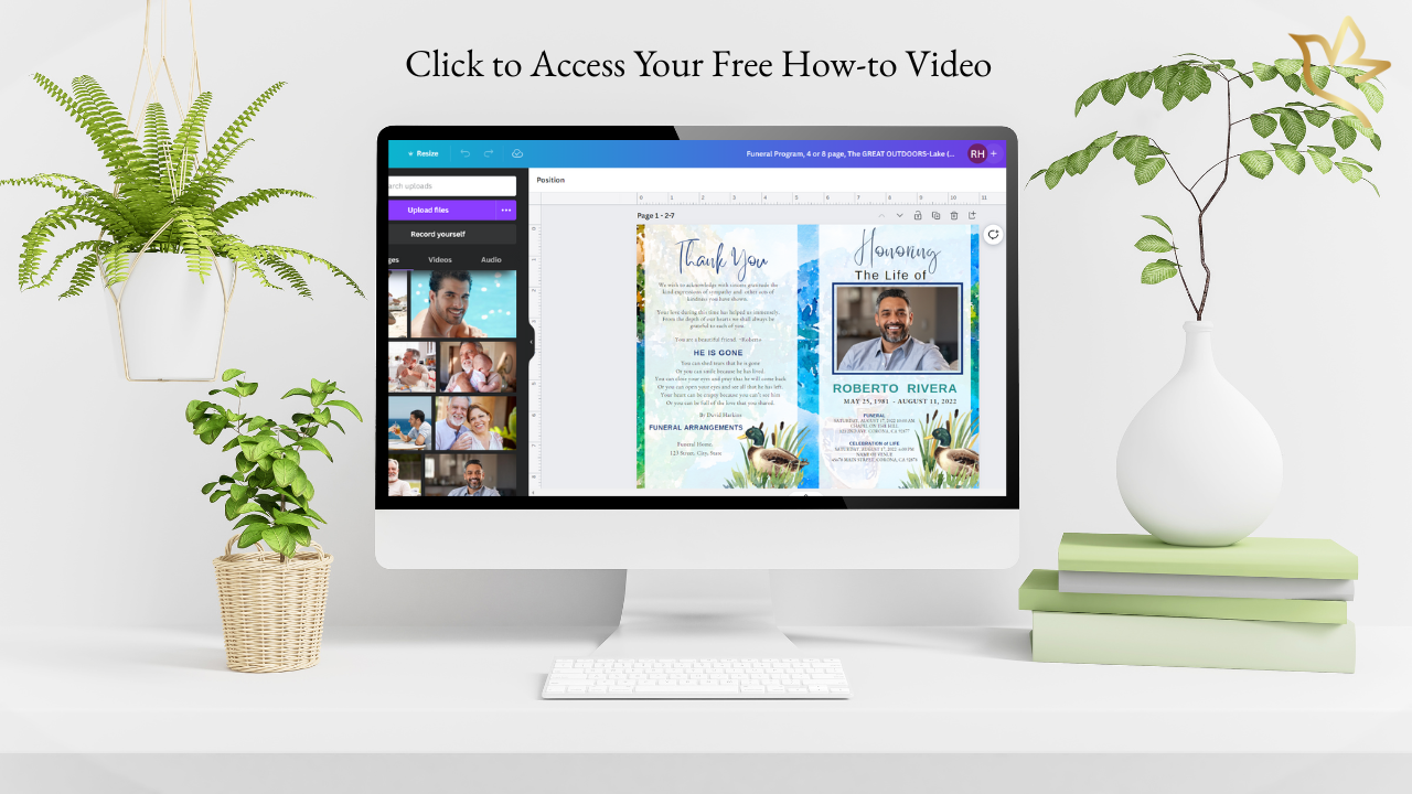 Computer monitor showing a Canva tutorial video with a blue and floral memorial program on screen, guiding users through editing their template.