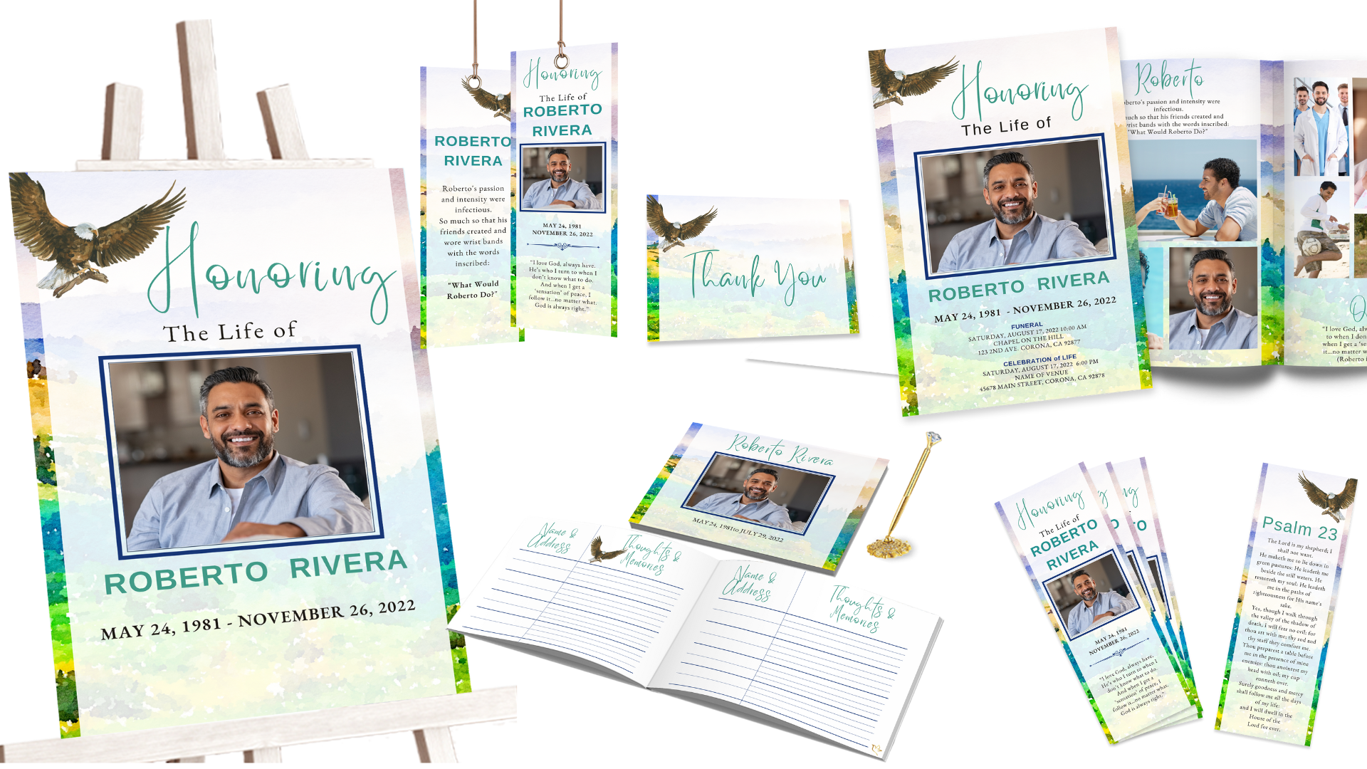 Browse funeral bundle templates for men, women, and children featuring editable Canva designs.