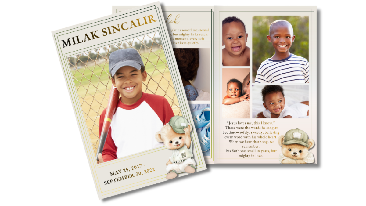 Front cover featuring a smiling young ball player with baseball elements, alongside an open interior layout showing coordinated pages for service details and memories.