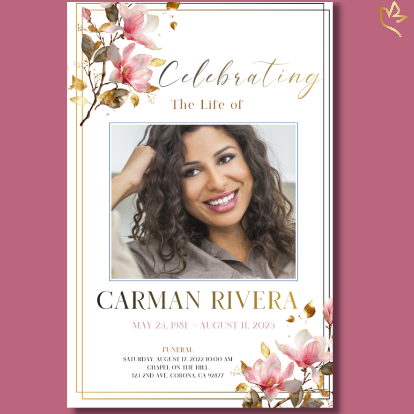 Serene Magnolias funeral program cover featuring soft pink magnolia blossoms with delicate gold accents framing a centered portrait on a clean white background with elegant memorial typography.