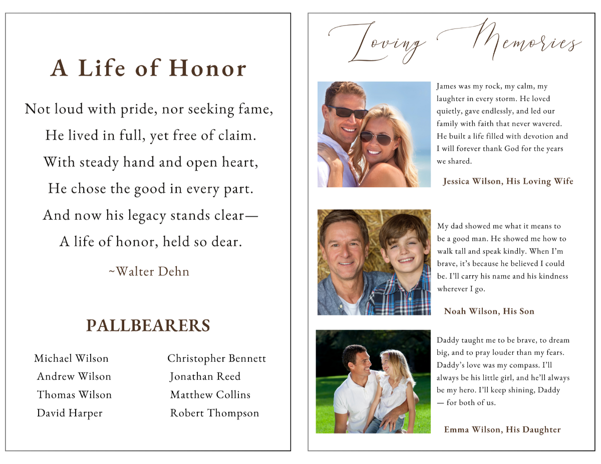 Memorial pages featuring heartfelt poetry, pallbearer listings, treasured family photographs, and loving tributes shared by family members and close friends.