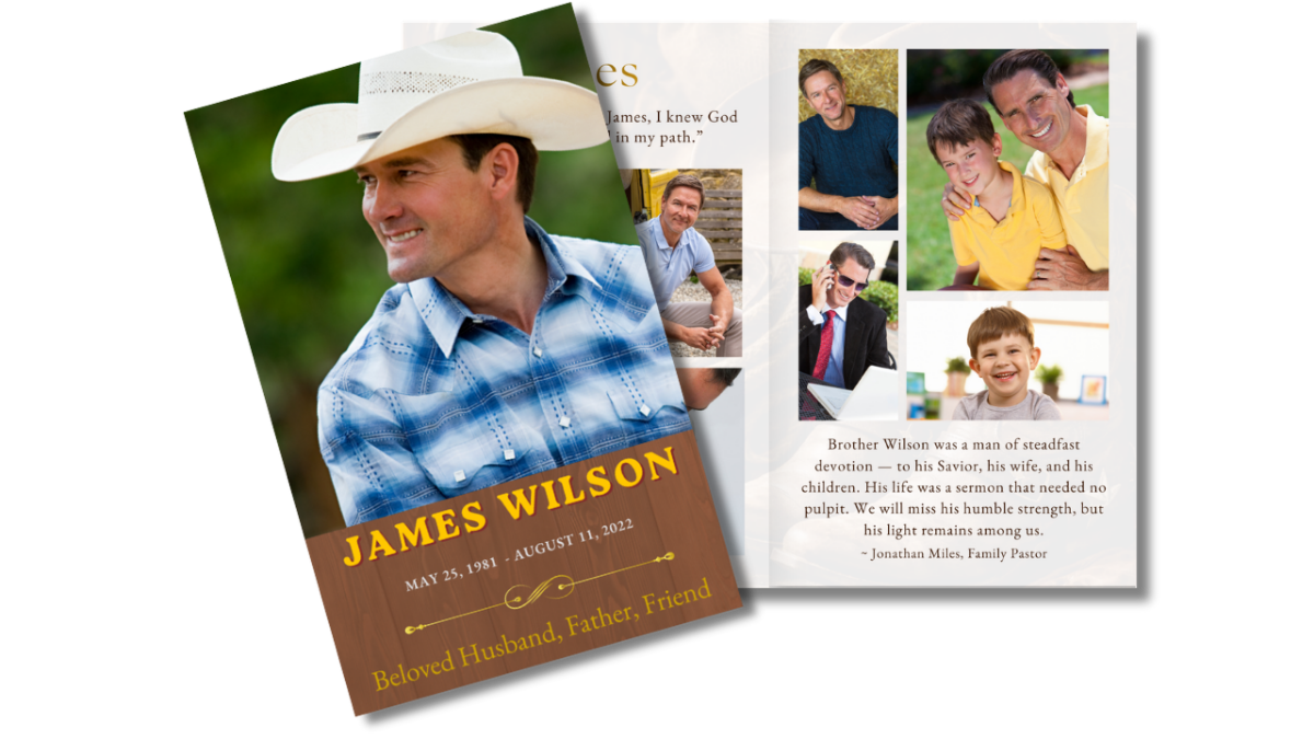 Front cover featuring a man in a cowboy hat with warm wood accents, paired with an open interior layout showing coordinated pages for memories, photos, and tributes.