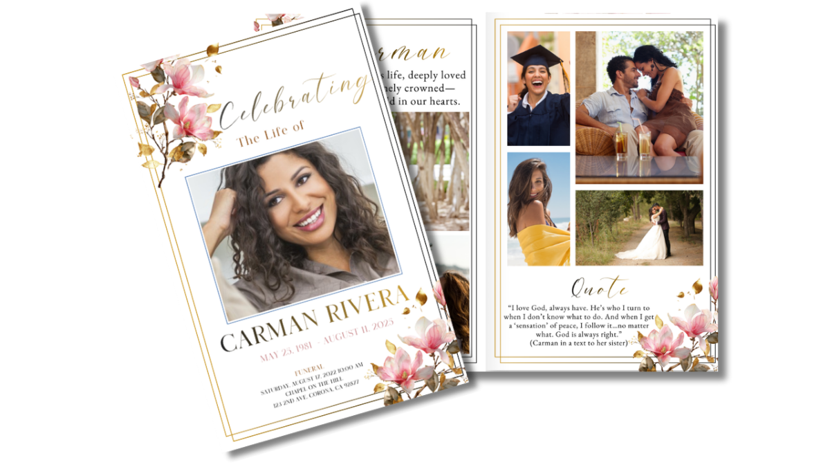 Front cover displayed beside open interior pages showing the magnolia floral theme coordinated across obituary, collage, poem, and tribute layouts.