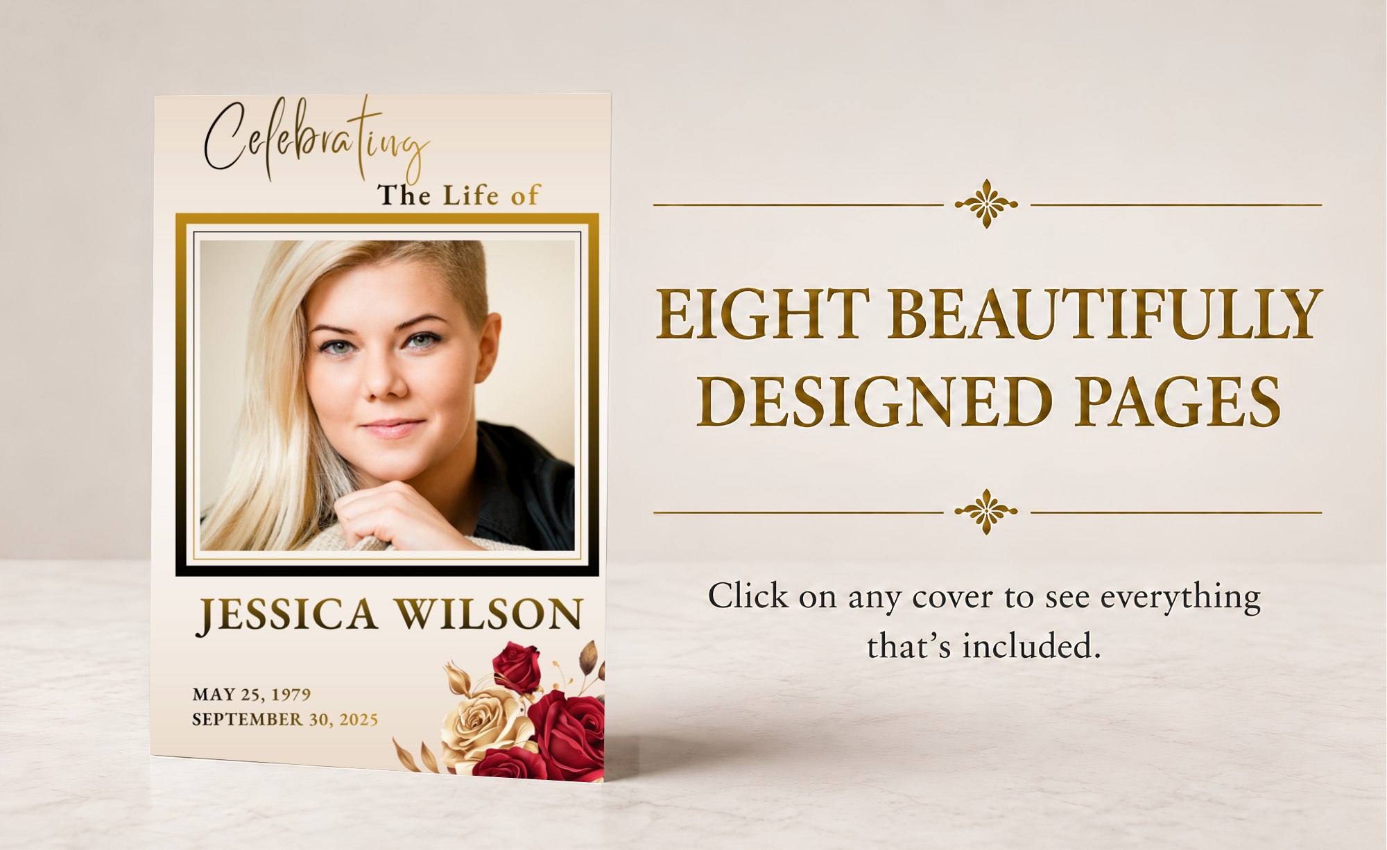 Elegant women’s funeral program template featuring a memorial portrait and coordinated floral design.