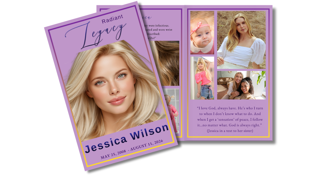 Radiant Legacy funeral program template preview displaying the memorial cover alongside coordinated interior pages designed for photographs, obituary content, family tributes, and celebration of life memories.