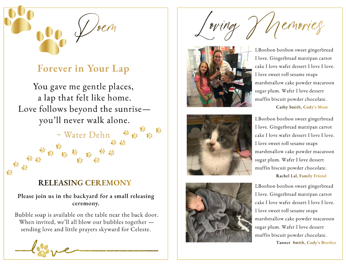 Interior pages featuring a heartfelt poem and loving memories section, with soft tones and a calm, comforting layout.
