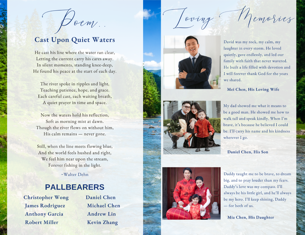 Interior pages with tribute, lake imagery, and fly-fishing theme photo layout