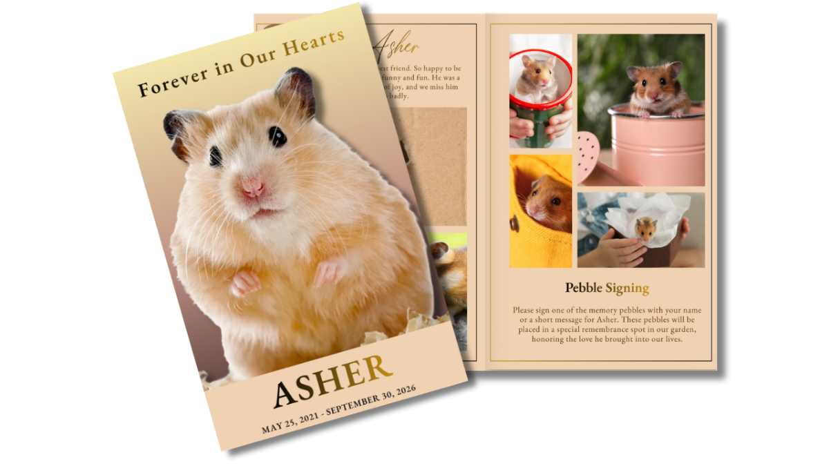 Front cover displayed beside interior pages showing hamster memorial layout with warm beige tones, photo collage sections, and remembrance messages for a small pet.