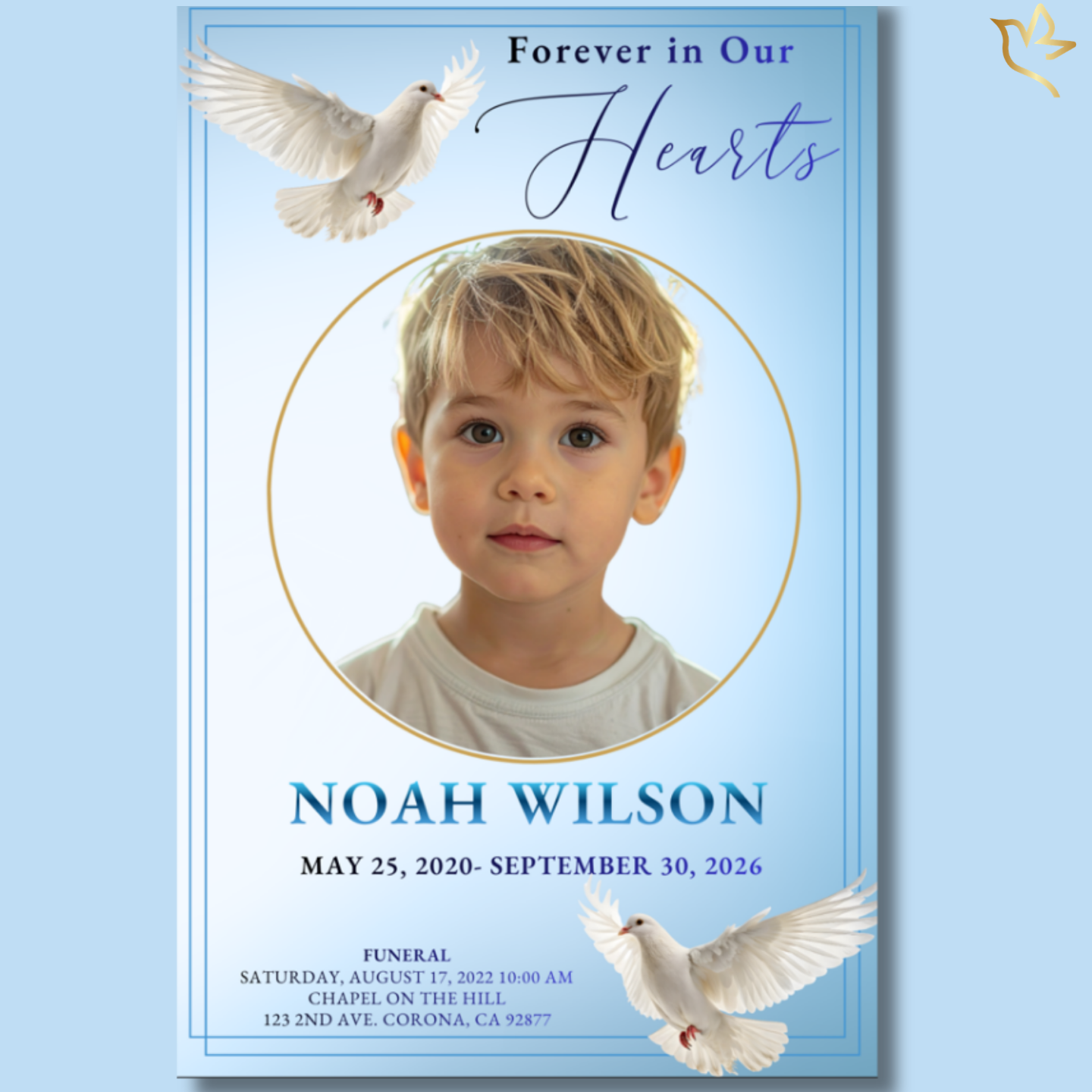 Lifted by Quiet Wings child funeral program cover featuring a soft sky-blue background with white doves in flight, a circular portrait frame, and delicate script lettering honoring a beloved child.