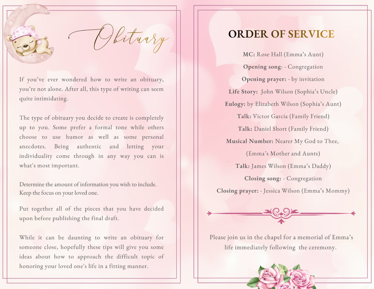 Interior obituary and order of service spread with soft blush background, rose-toned borders, and clear structured text sections designed for a gentle child memorial program.