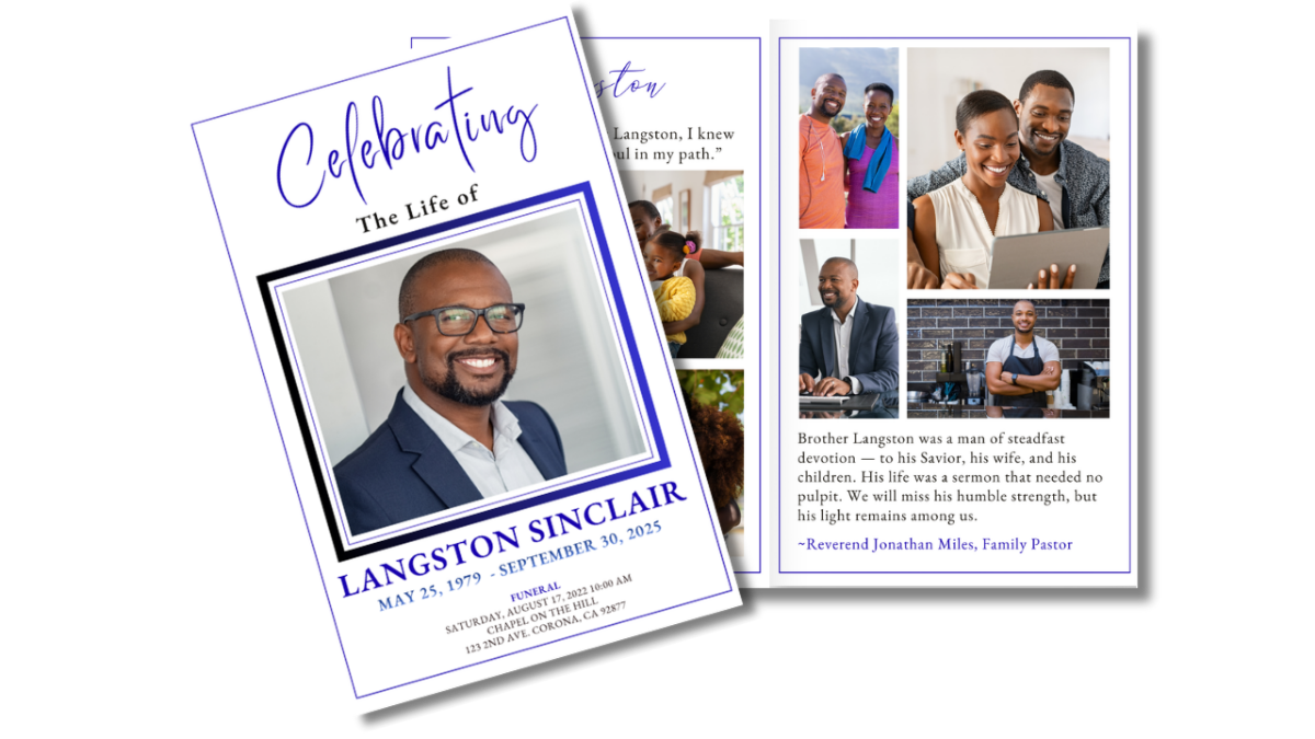 Front cover displayed beside open interior pages, showing the coordinated blue-accented design across obituary, collage, poem, and tribute layouts with clean borders and structured typography.