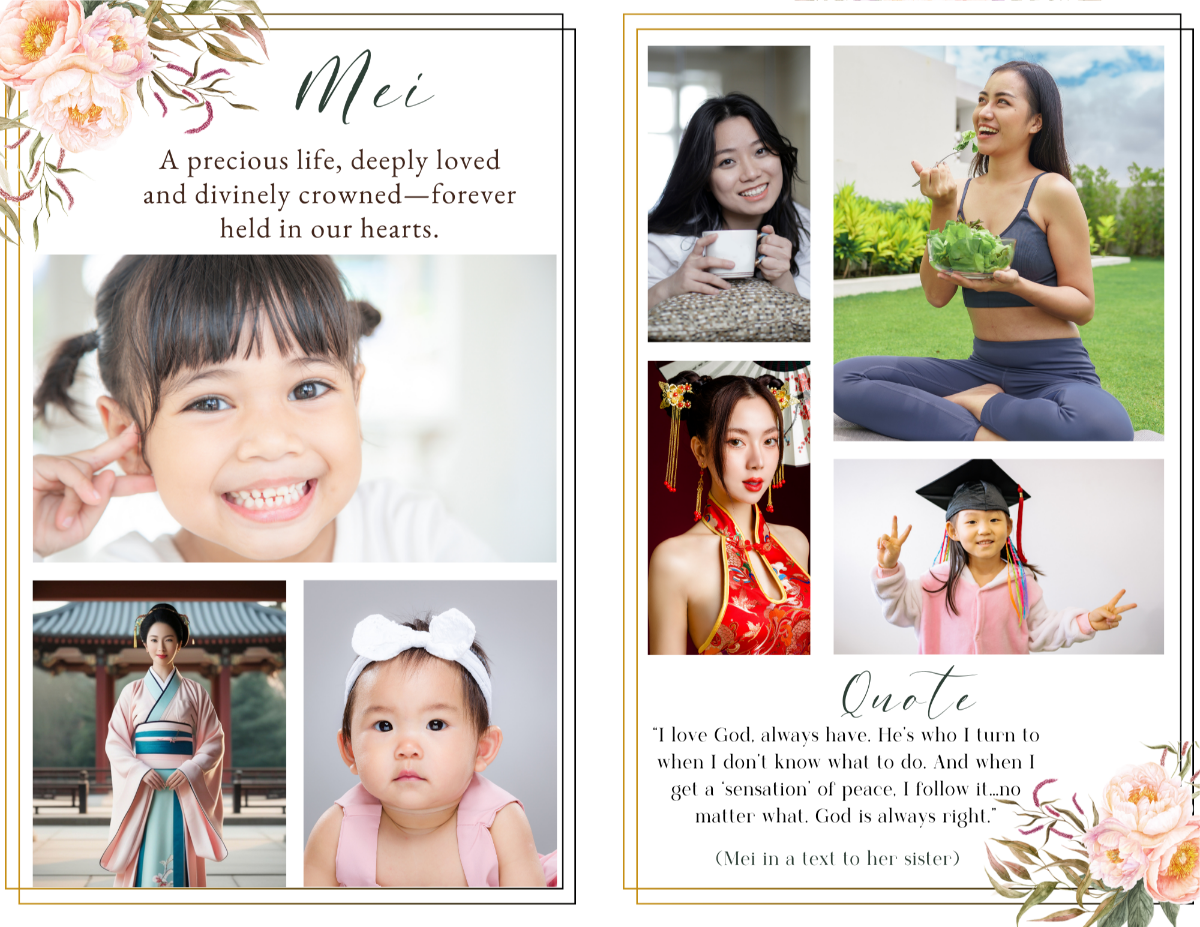 Photo collage tribute spread featuring childhood, family, and life milestone portraits arranged in balanced layouts with soft peony floral accents.