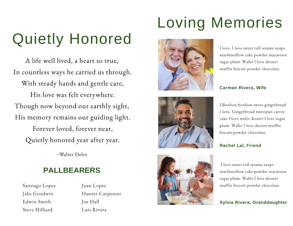 Memorial pages featuring heartfelt poetry, treasured family photographs, loving tributes, pallbearer information, and comforting reflections celebrating family, faith, and enduring love.
