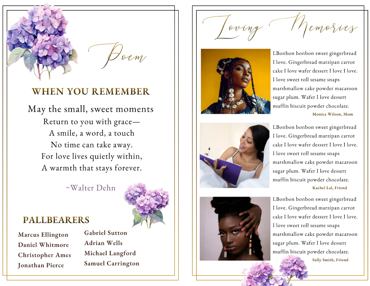 Memorial pages featuring comforting poetry, pallbearer listings, treasured photographs, and heartfelt family tributes shared in loving remembrance.