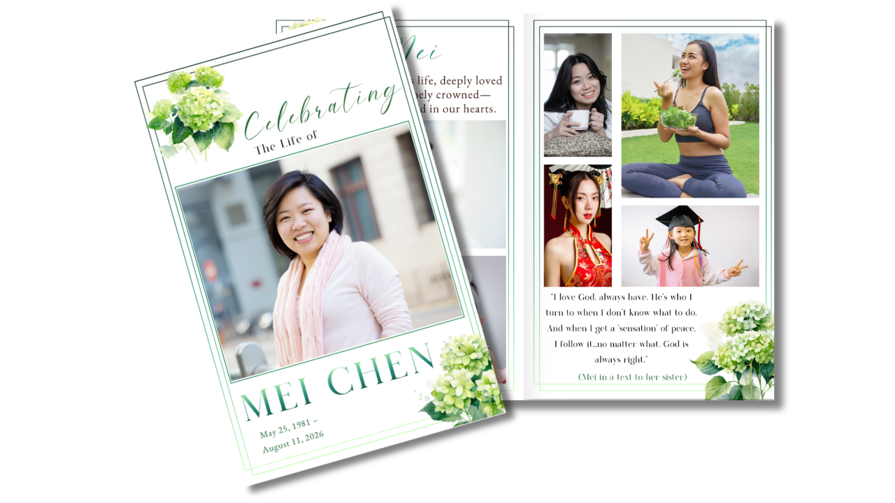 Floral women's memorial program featuring watercolor hydrangeas, soft green accents, family photographs, and elegant remembrance pages arranged in a coordinated design.