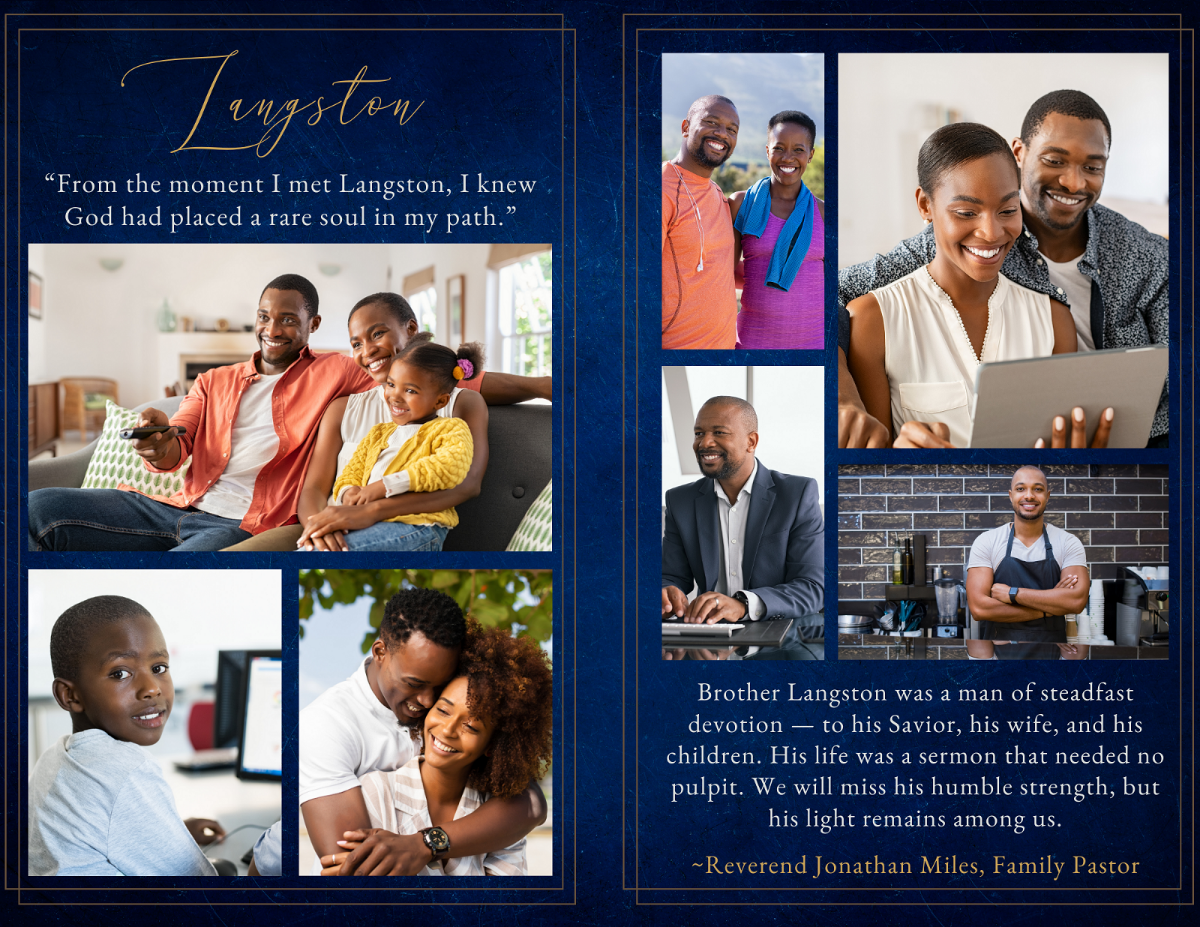 Poem and loving tributes layout on rich midnight-blue background featuring a white dove illustration, gold headings, family photos, and elegant serif text; includes pallbearer list and heartfelt poem.