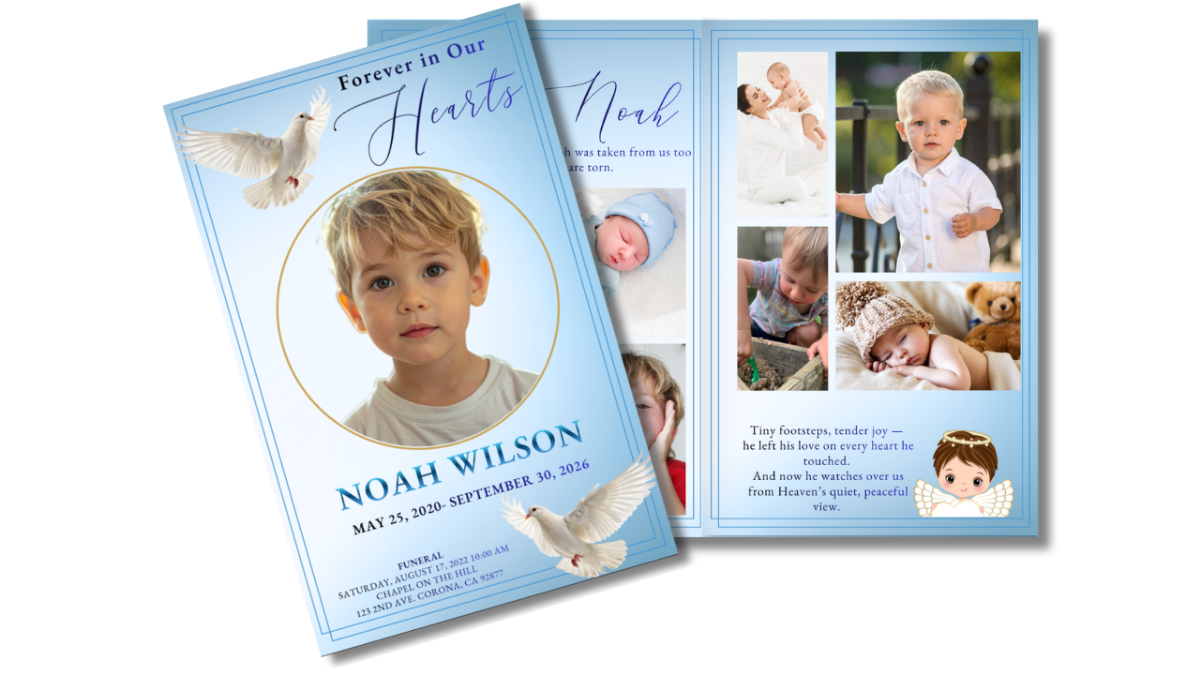 Front cover displayed beside open interior pages showing the peaceful sky-blue theme with white doves and coordinated layouts for photos, tributes, and remembrance text.