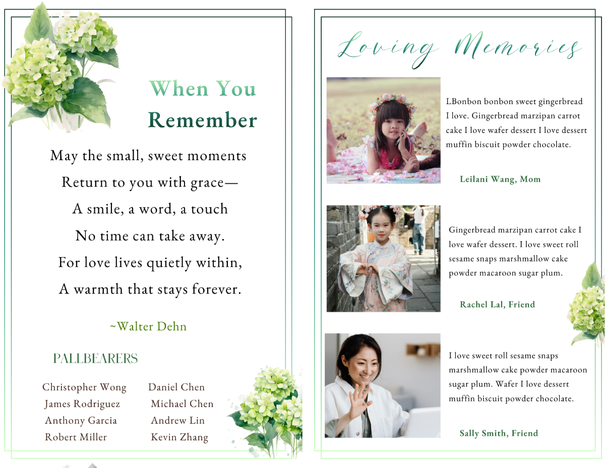 Memorial pages displaying a comforting remembrance poem, family tributes, cherished photographs, and heartfelt reflections celebrating a woman’s life and legacy.