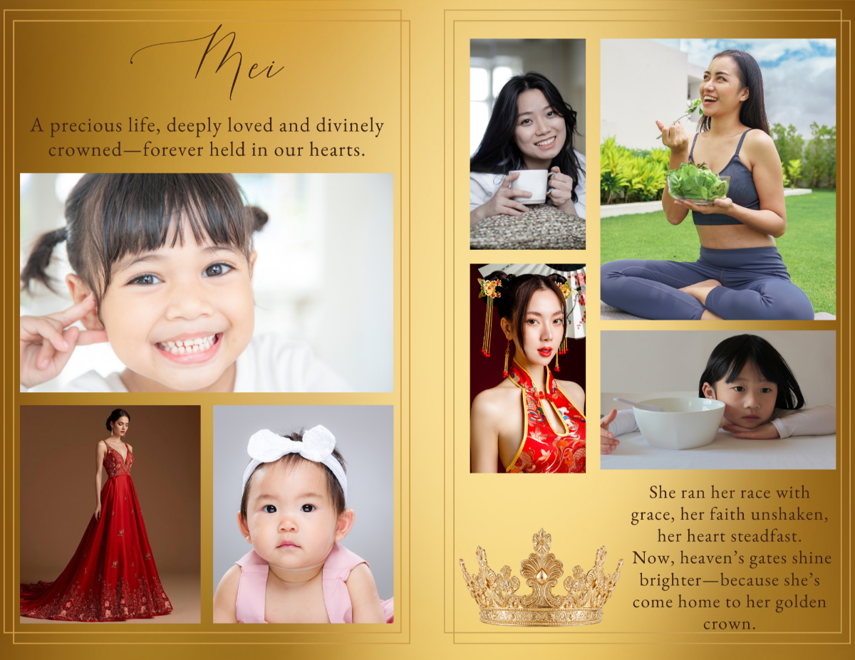 A two-page gold-tone layout with multiple family photos arranged beside a heartfelt tribute paragraph about Amara’s life, framed by gold borders and a small gold crown at the bottom.