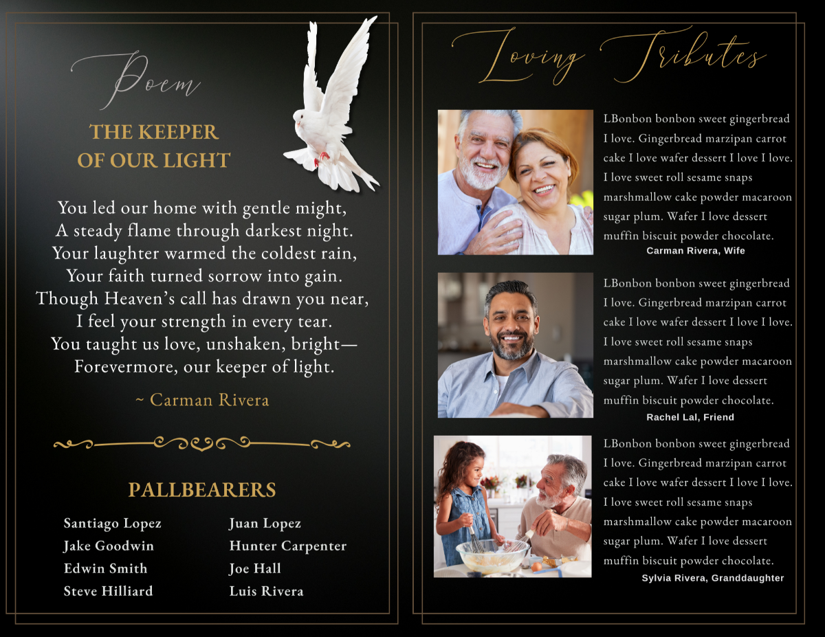 Poem page titled ‘The Keeper of Our Light’ with dove, gold borders, and tribute photos alongside written remembrances from wife, son, and daughter.