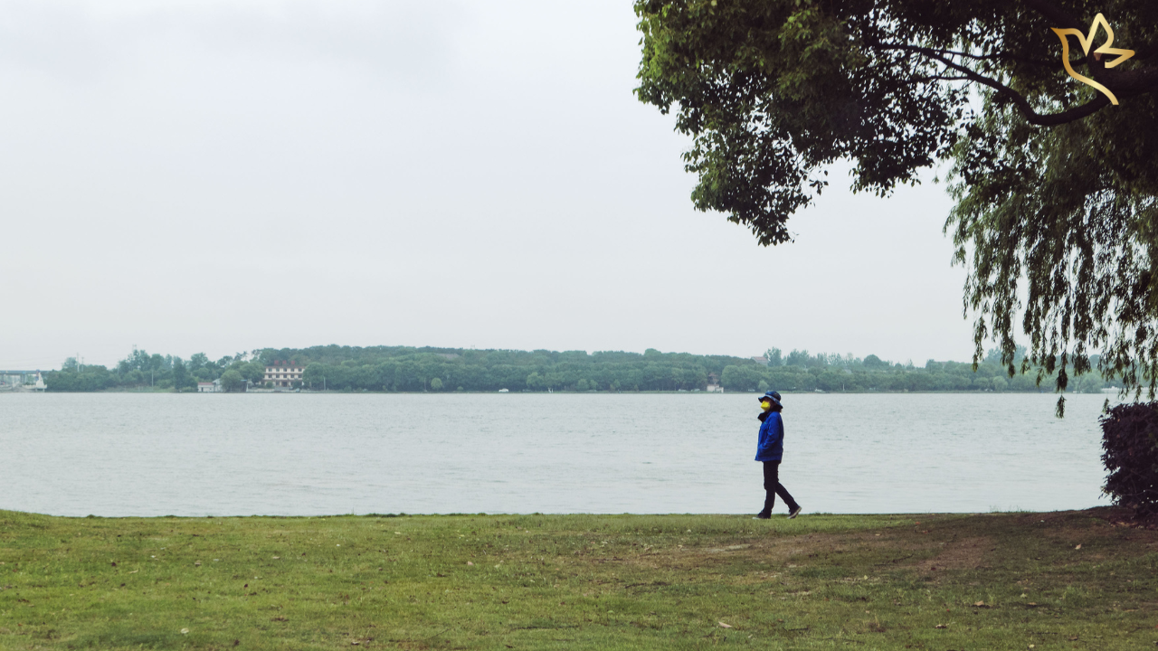 A solitary person walks beside a quiet lakeshore beneath a large tree, reflecting on cherished memories and the comforting sound of a loved one's voice remembered.