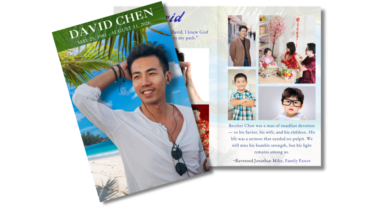 Men’s funeral program front cover with tropical beach design alongside open interior pages showing structured photo collage layouts.