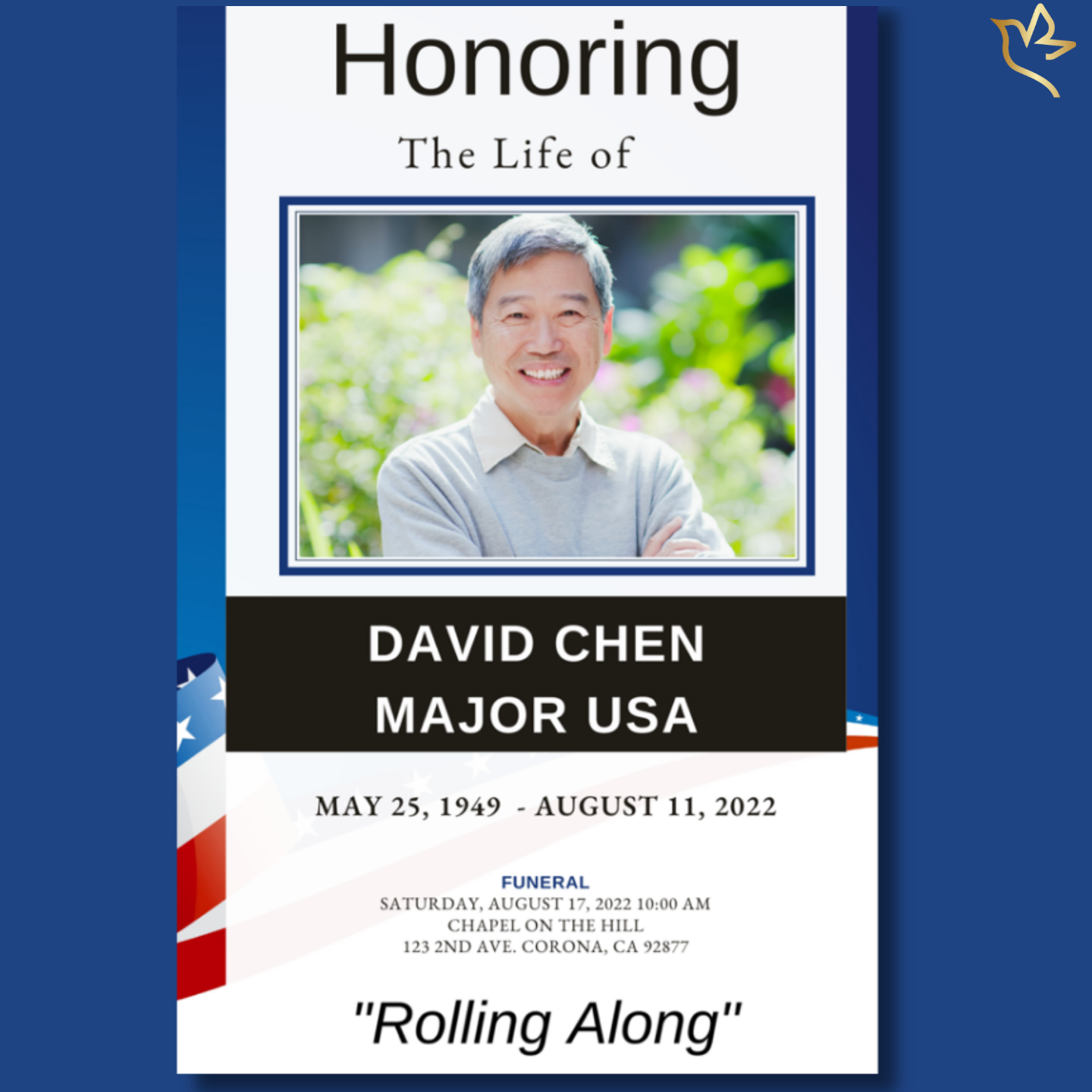 Front cover of Stars and Stripes U.S. Army Funeral Program Template with patriotic red, white, and blue design.