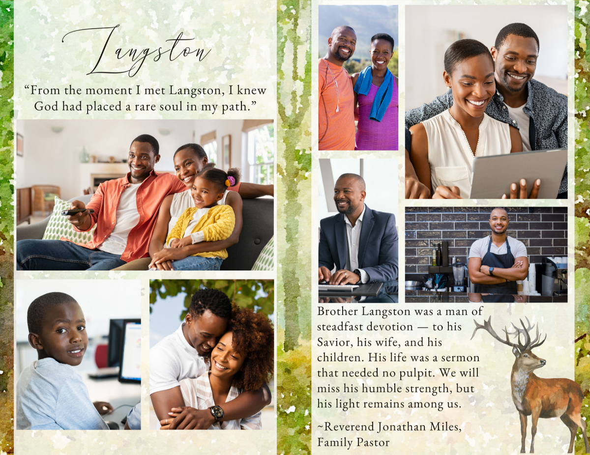 Photo collage featuring multiple photos and a quote area on a soft forest-green watercolor design.