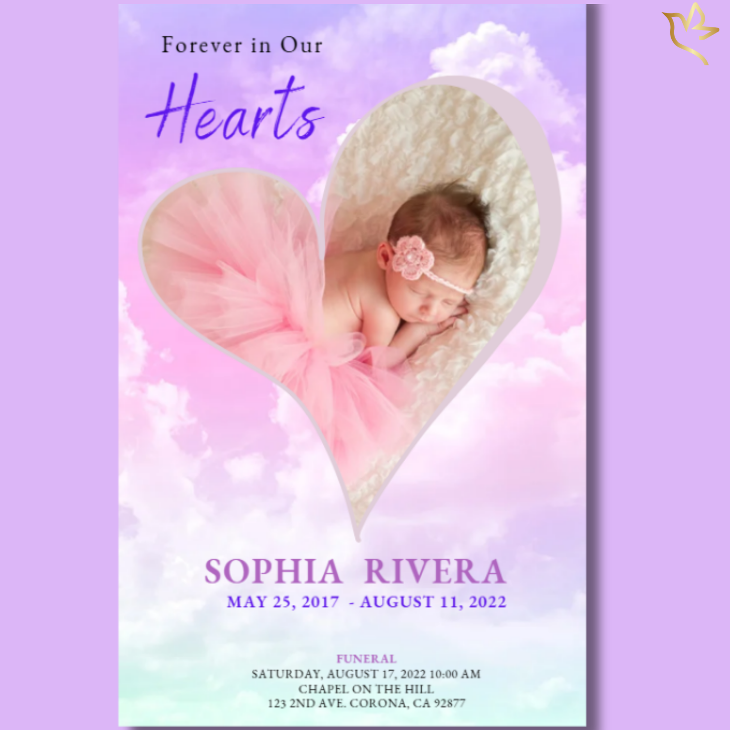 Front cover of Her Castle in the Clouds Funeral Program Template featuring soft pink clouds, heart-shaped photo frame, and gentle lavender tones.